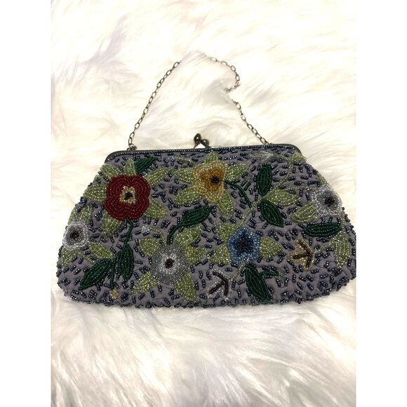 Floral Beaded Sudha Clutch Purse With Chain Strap MFA Boston Arts parties NWOT